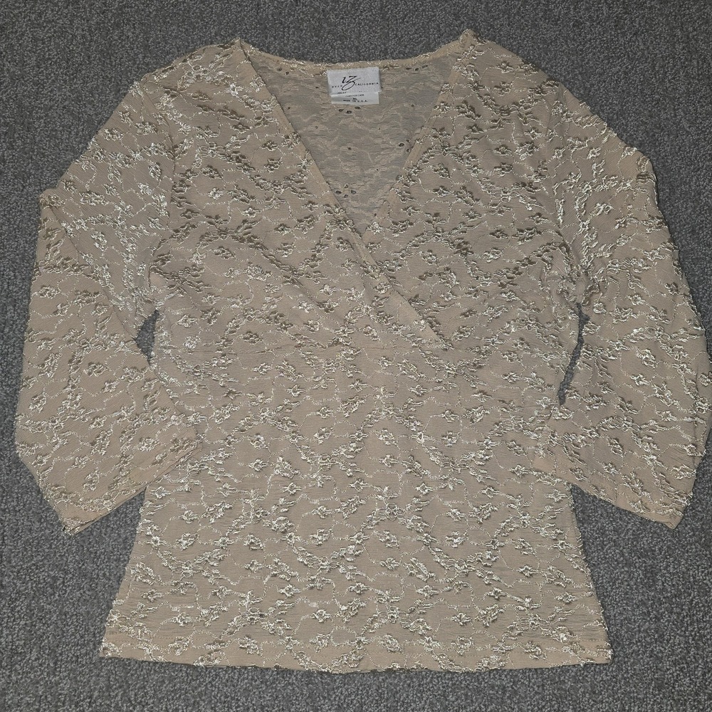 Vintage Iz Byer Tan Emboidered Lace Babydoll Top V-Neck Fairy Whimsigoth Y2K XL